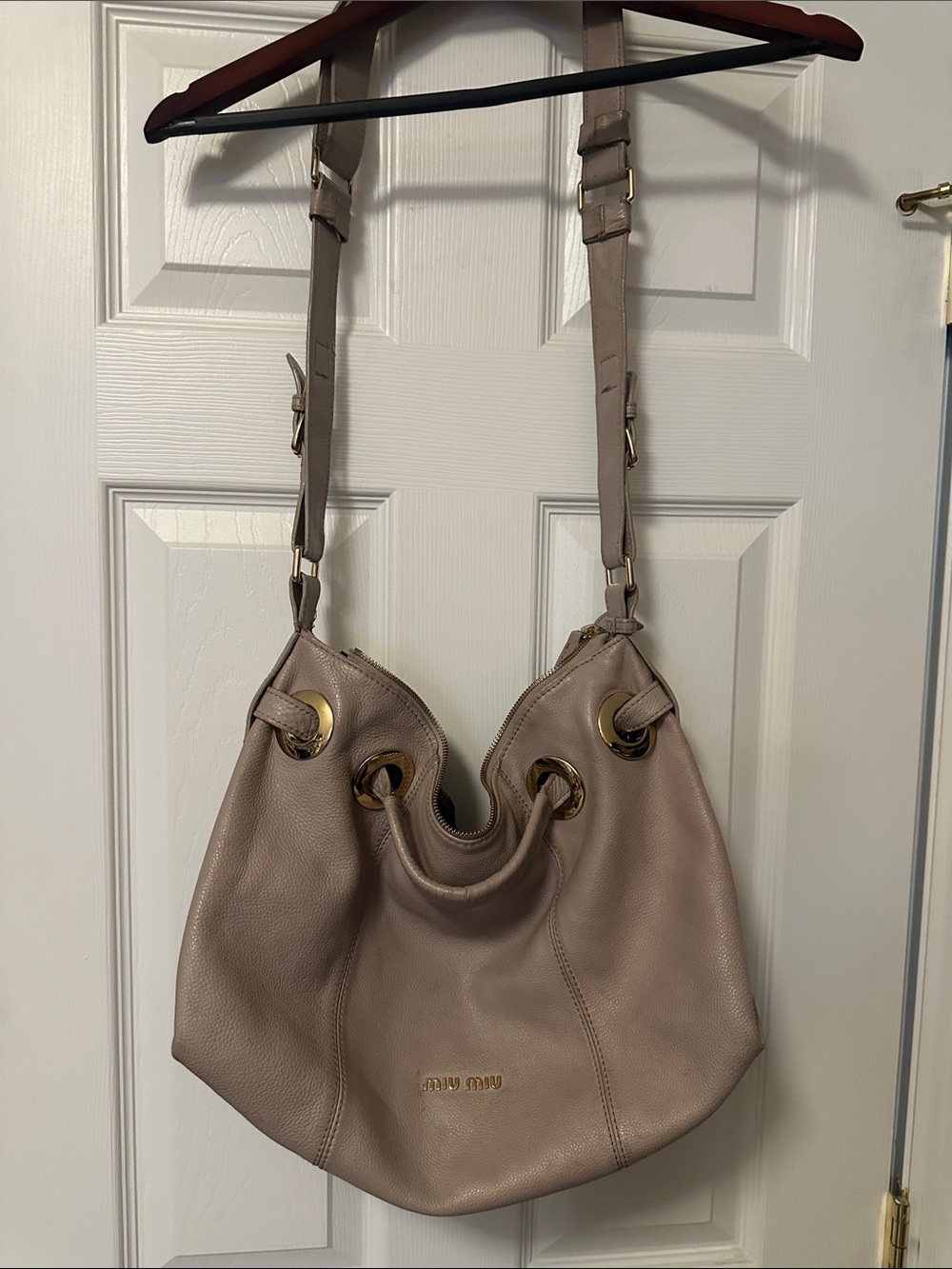 Miu Miu Taupe Pebbled Leather Hobo Shoulder Bag with Gold Hardware EUC